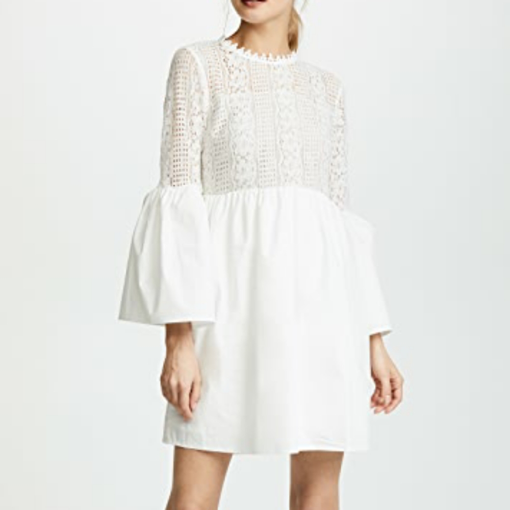 Open back White Eyelit Lace Dress Bell Sleeve SzXS